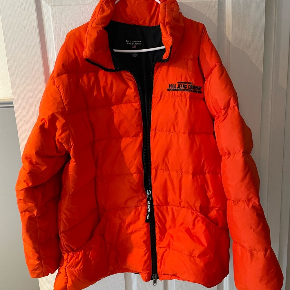 VINTAGE POLO JEANS RALPH LAUREN PUFFER JACKET SIZE XL ORANGE DOWN INSULATED